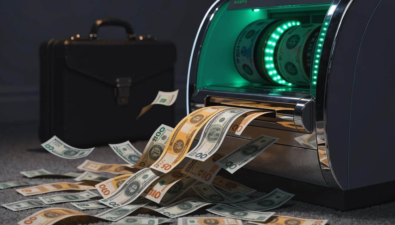 Pokies machine spilling Australian cash with shadowy briefcase