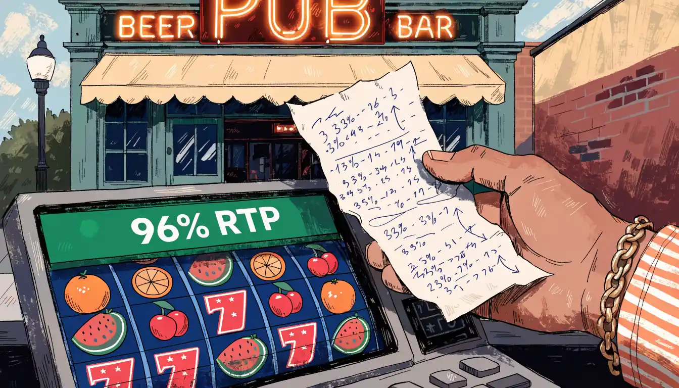 Close‑up of slot machine screen showing RTP and handwritten calculations on a receipt