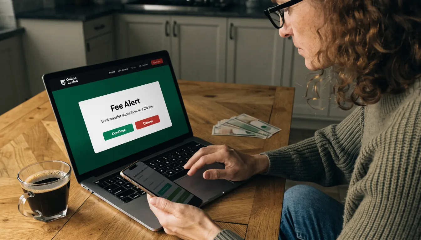Person making an online casino deposit on laptop with fee warning popup
