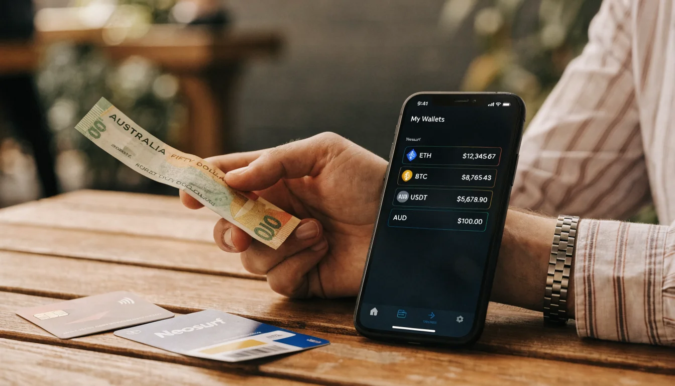 Hand with AUD note, crypto app, credit card and voucher