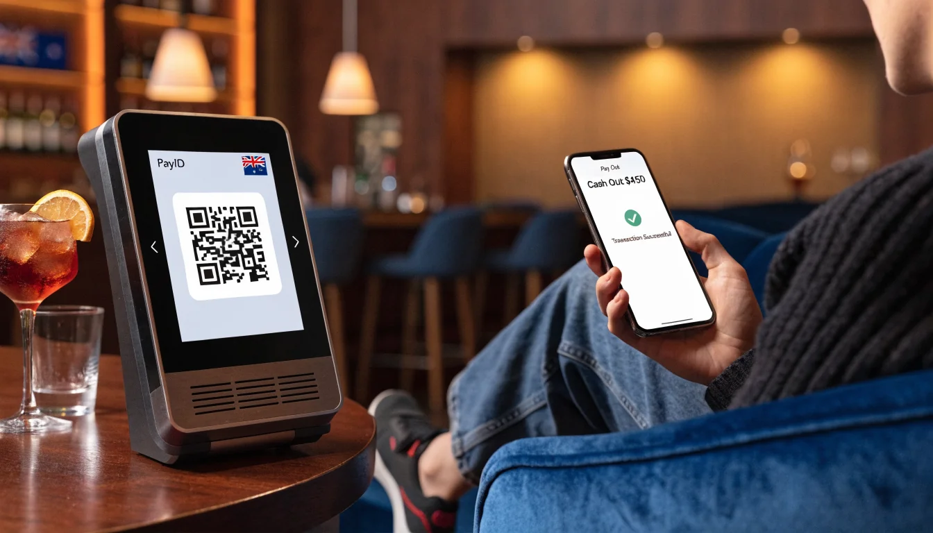 Australian casino lounge with digital PayID terminal and smartphone transaction.