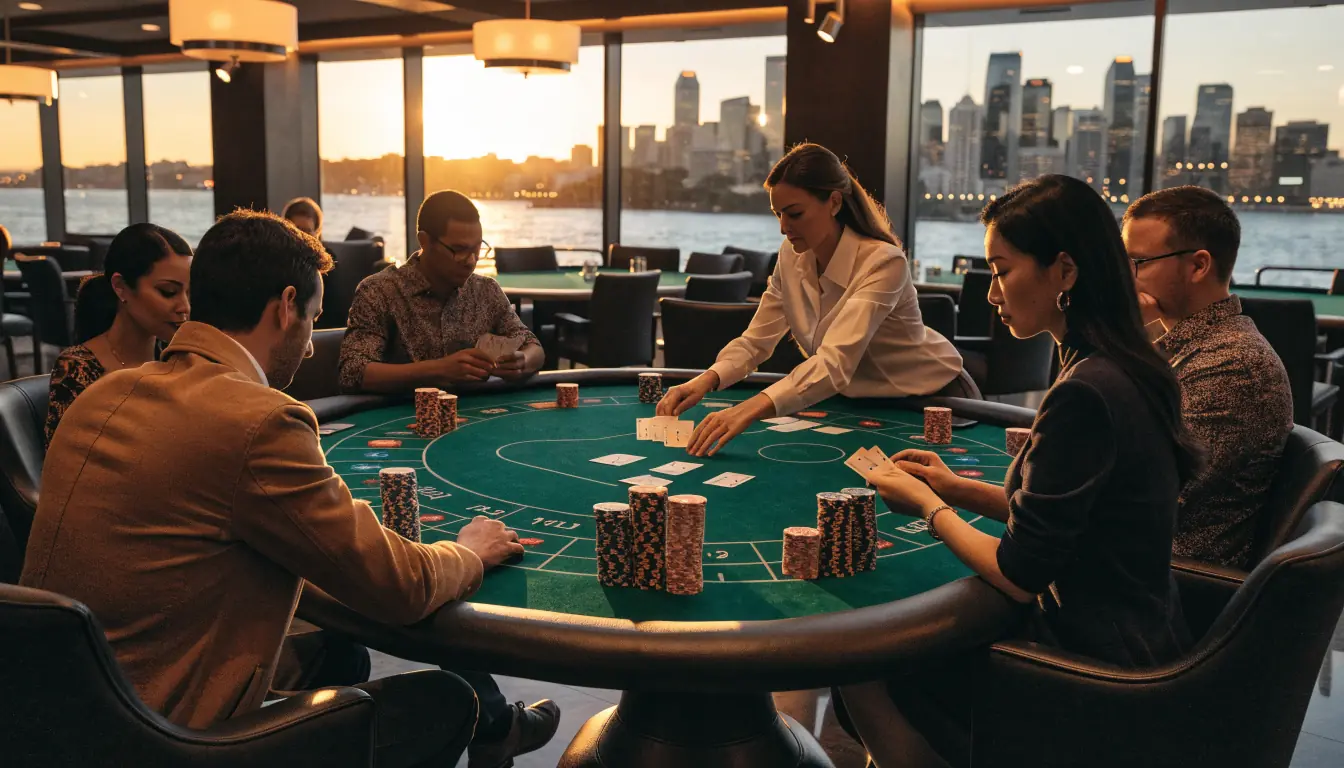 Live baccarat table in an Australian casino lounge at sunset