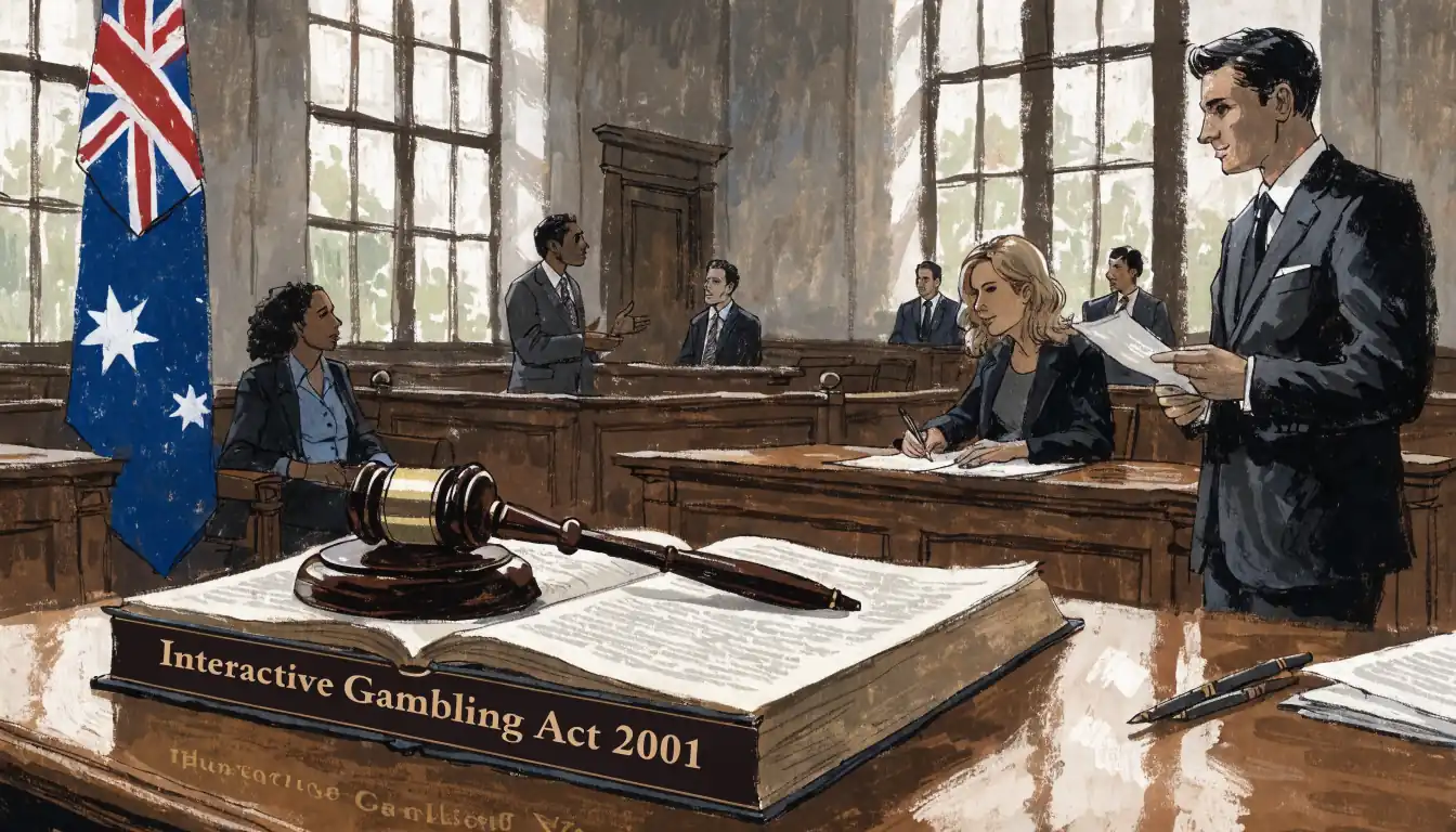 Australian courtroom with law book titled Interactive Gambling Act 2001