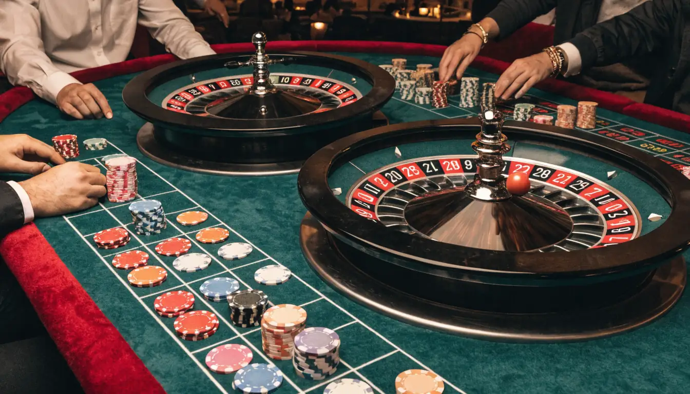 European and American roulette wheels displayed side by side
