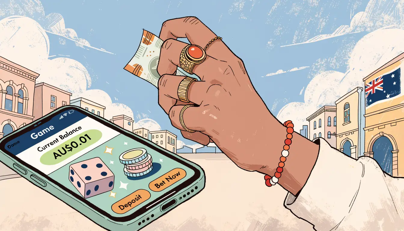 Hand holding one-dollar note beside phone showing low casino deposit.