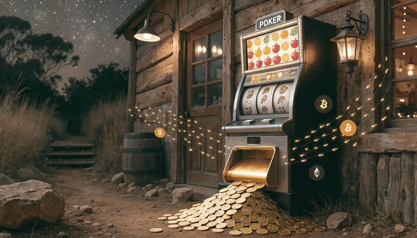 Outback slot machine with tiny coins and crypto symbols.