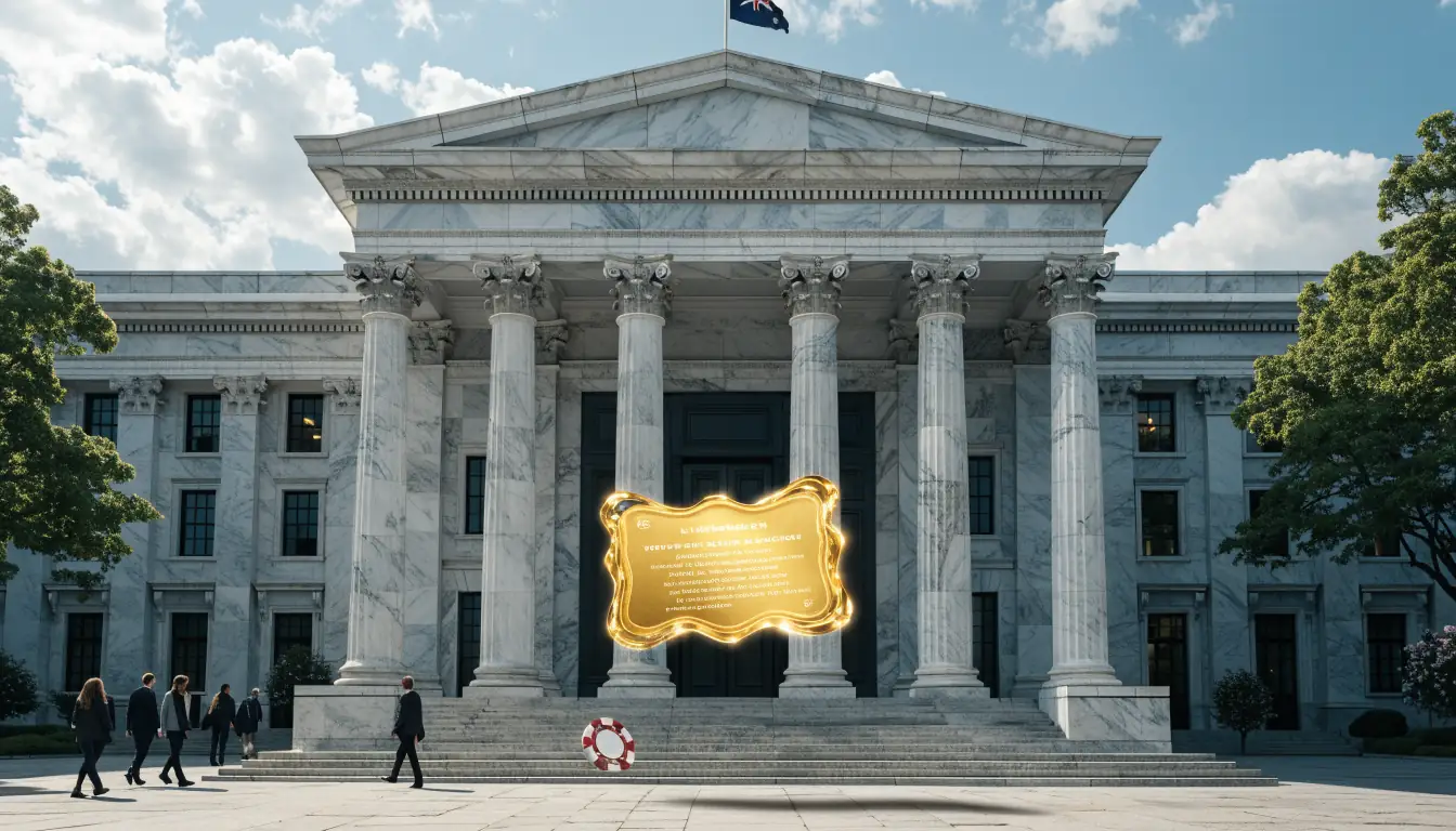 Golden licence certificate beside casino chip at government building