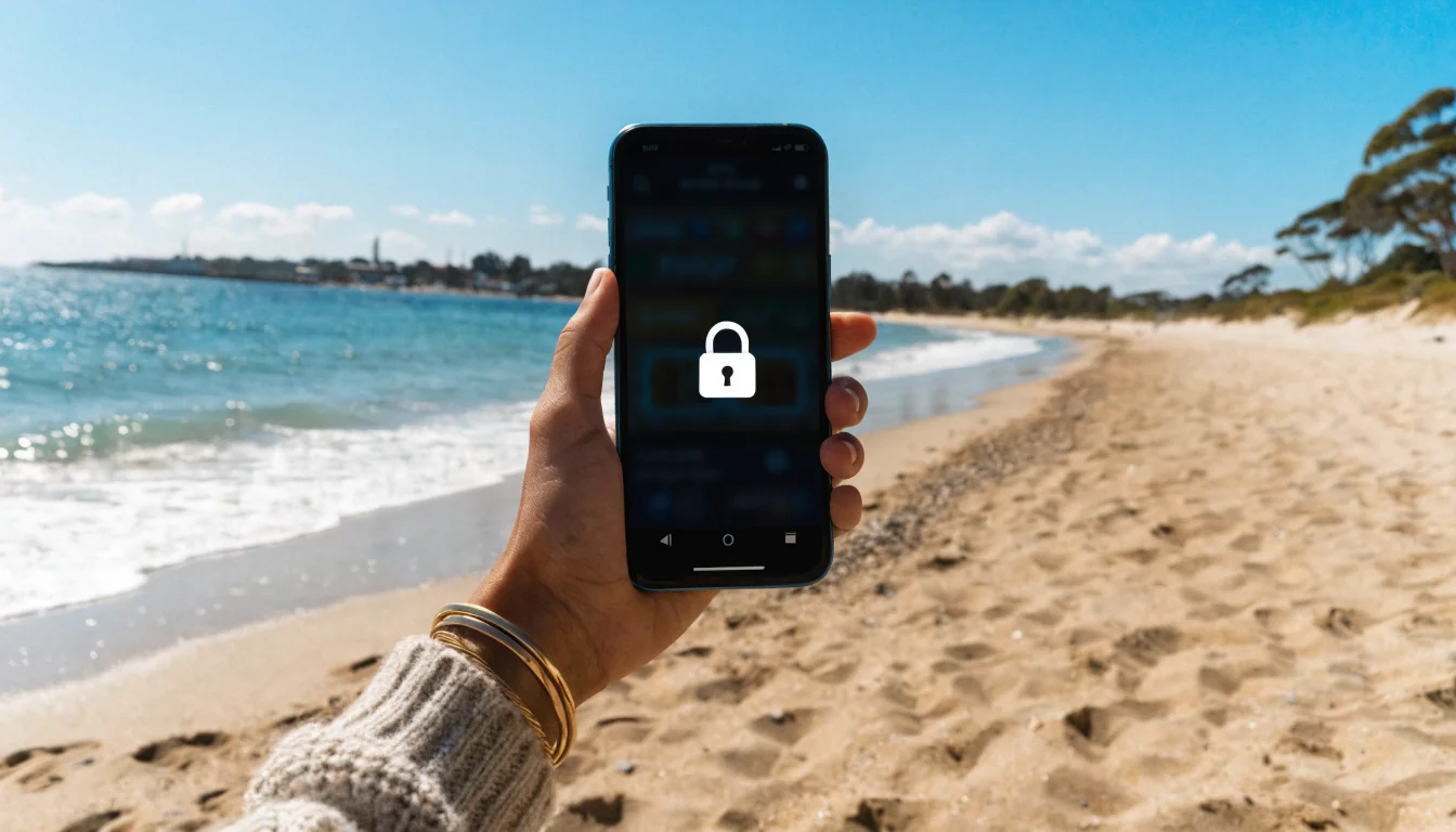 Smartphone on beach showing casino app with lock