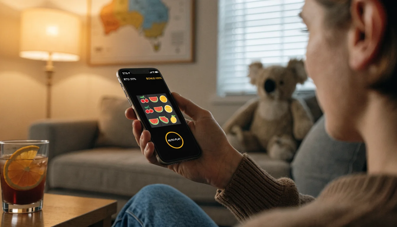 Hand holding phone showing casino game RTP and bonus info