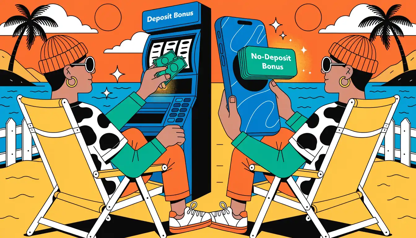 Side-by-side illustration of free cash chips and free spins slot machine.