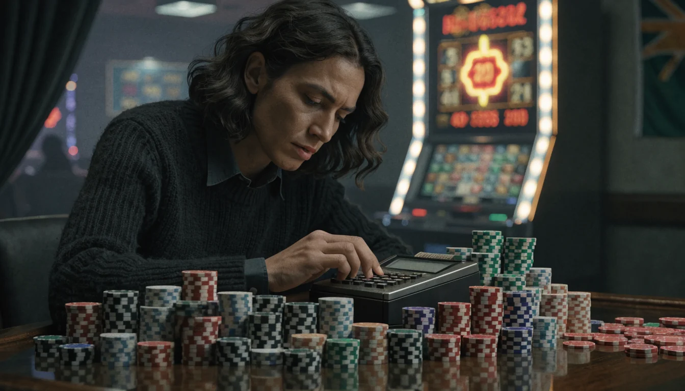 Calculator and chips beside slot machine illustrating wagering