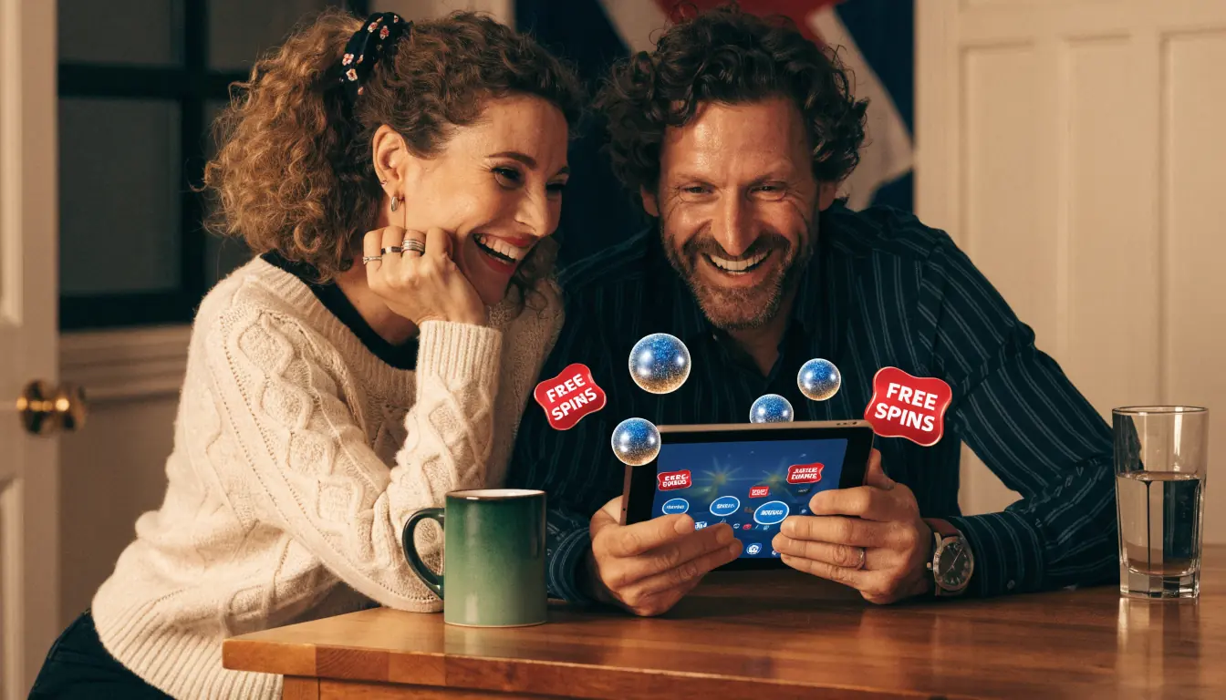 Couple viewing free spins and cashback icons on tablet