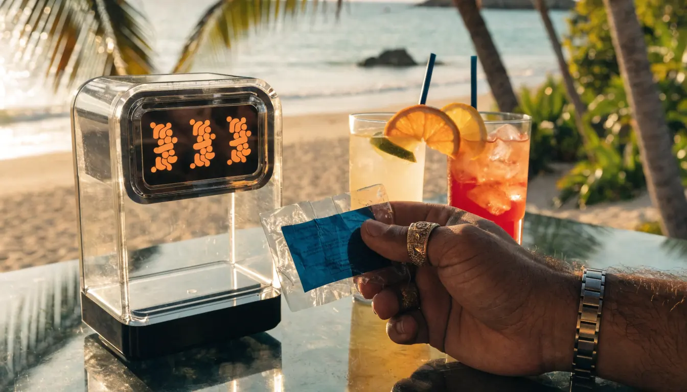 Hand with voucher near glowing slot machine at beach