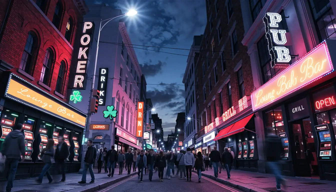 Night city street with many glowing pokies in pubs