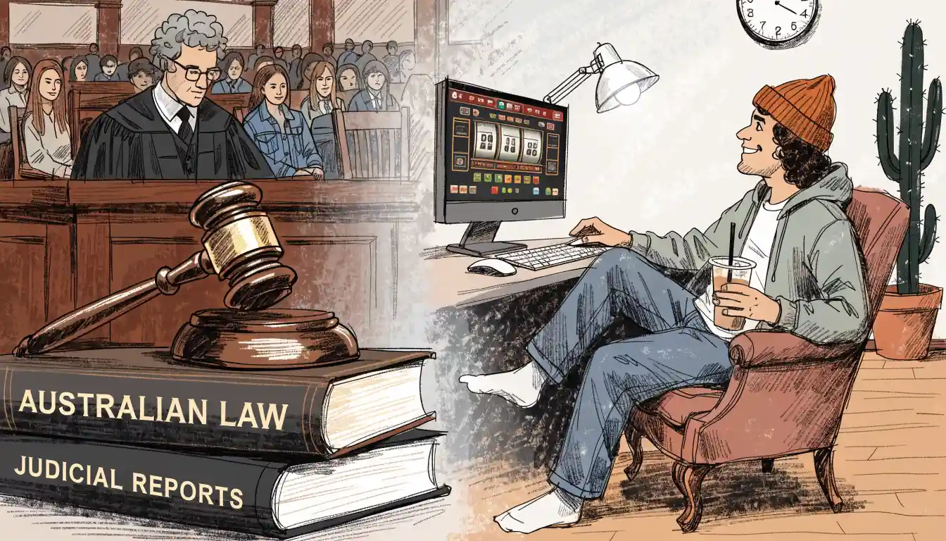 Split illustration of courtroom and online pokies player