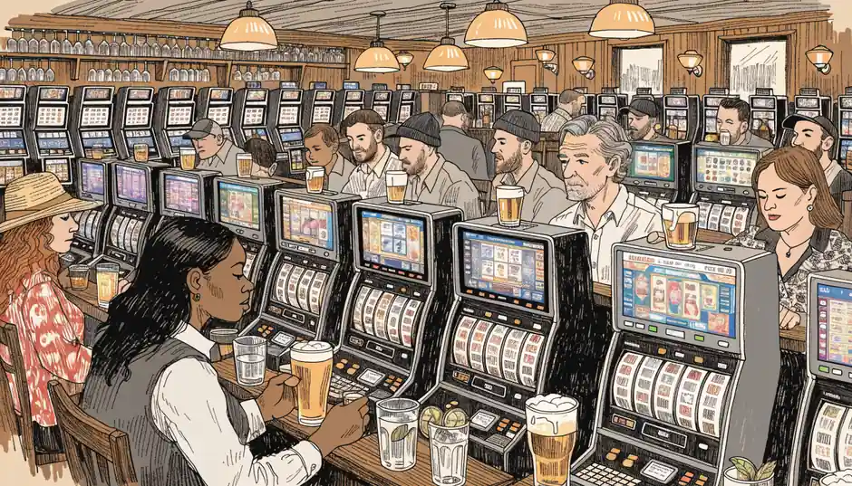 Busy Australian pub interior filled with many pokies machines