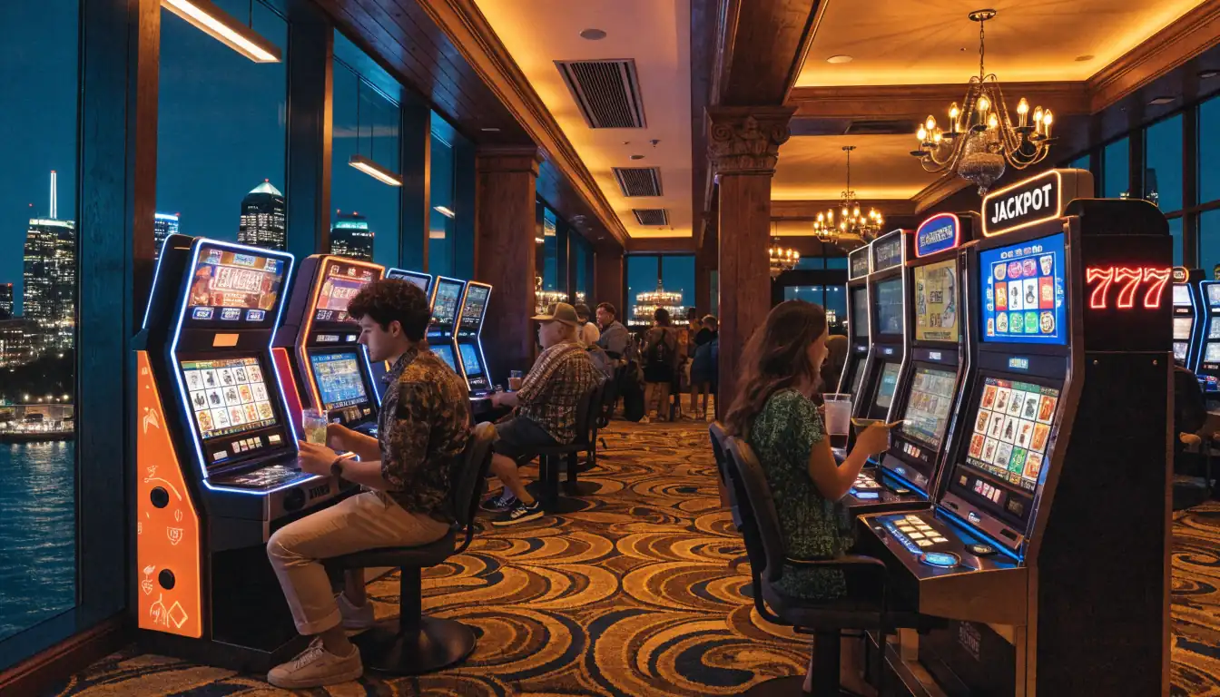 Vibrant Australian casino interior with glowing pokies and night skyline