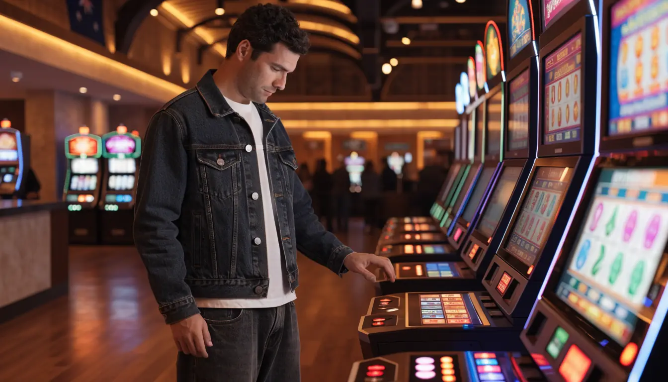 Player contemplating which Australian pokie machine to play