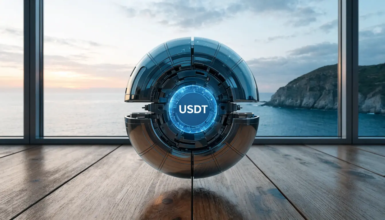 Digital wallet with floating USDT token beside Australian sunset