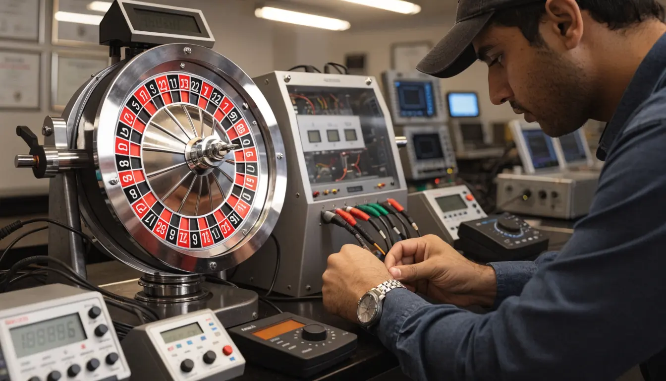 Game testing lab examining roulette wheel and slots