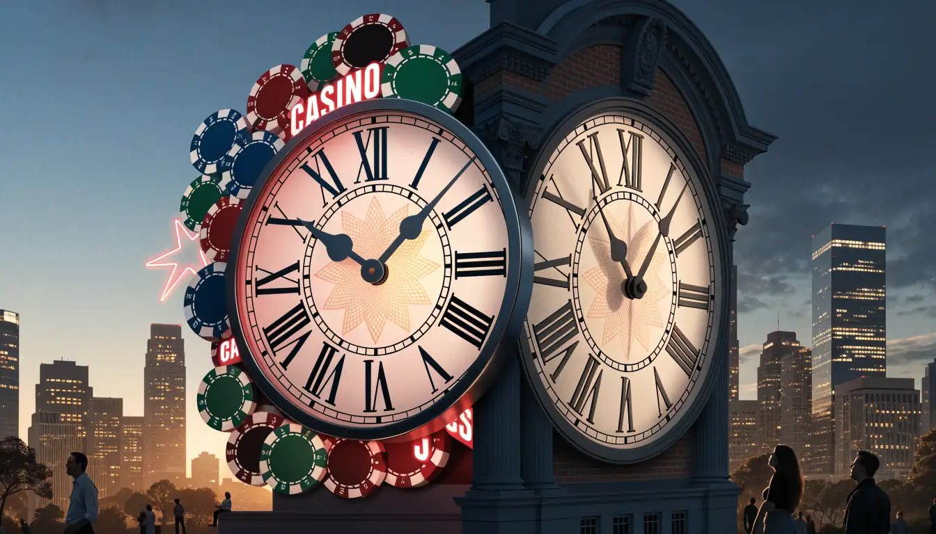Two clocks representing casino and bank processing toward midnight