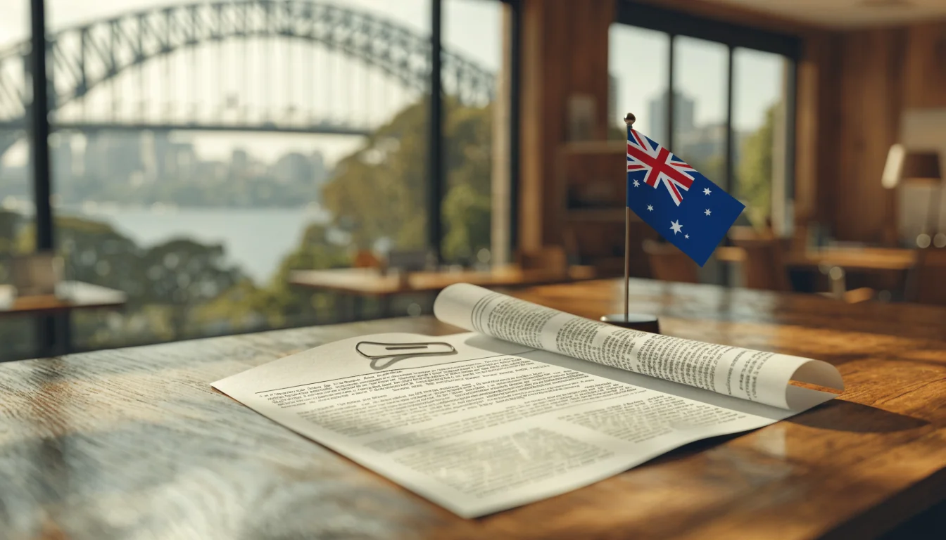 Australian office desk with laptop and flag