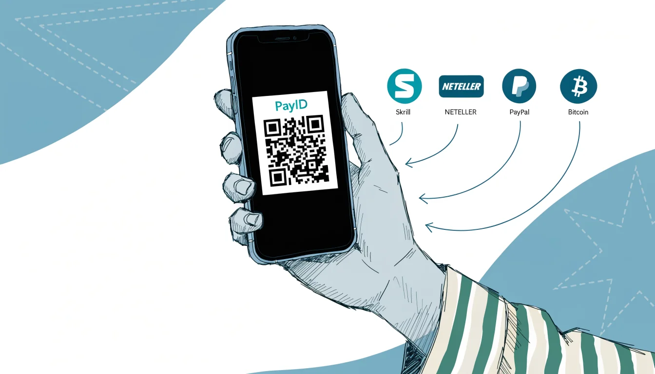 Smartphone with PayID QR code and e‑wallet icons