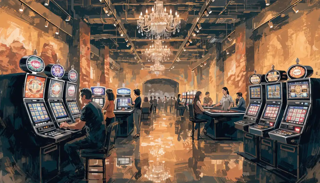Virtual casino lobby with slots and dealer tables
