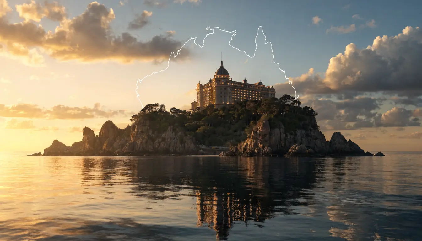 Offshore island casino glowing at twilight