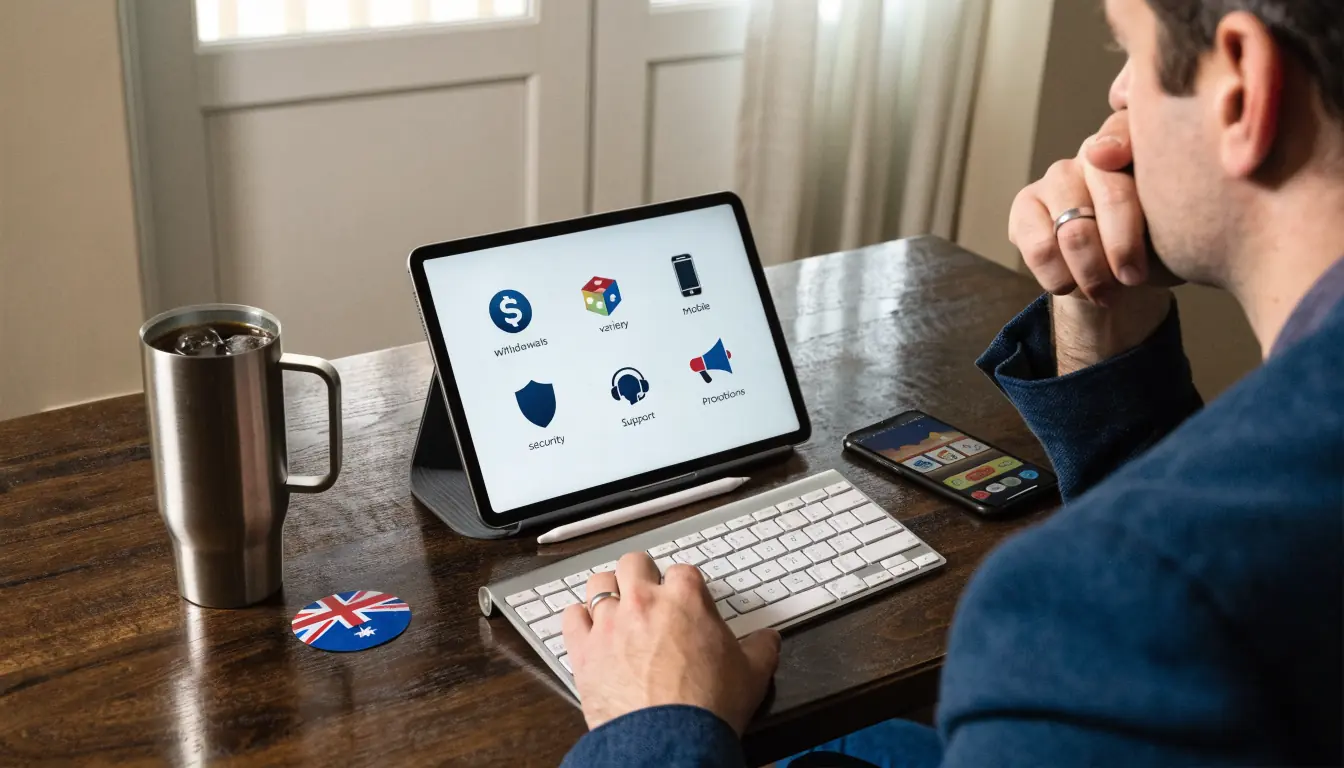 Desk with tablet showing casino evaluation icons